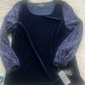 NWT Alex Evenings Sz M Formal Navy Blue Velvet Top with Sequin Long Sleeves